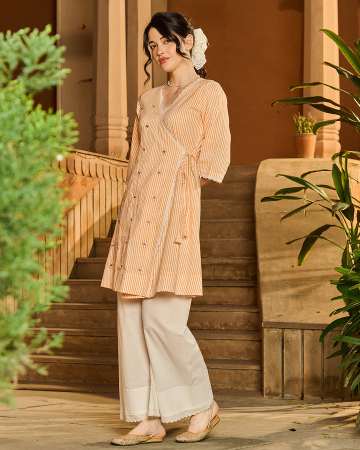 Manon Orange Printed Cotton Stripes Kurta Set
