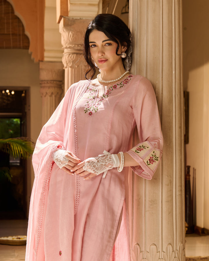 Reni Pink Embroidered Chanderi Suit Set