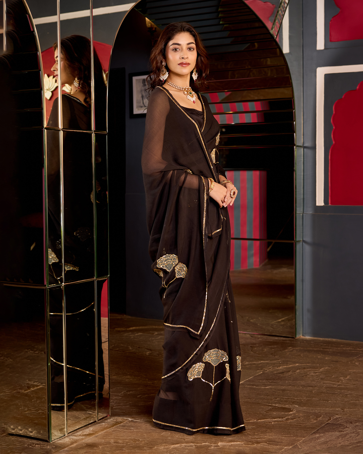 Kanti Black Handcrafted Chiffon Saree
