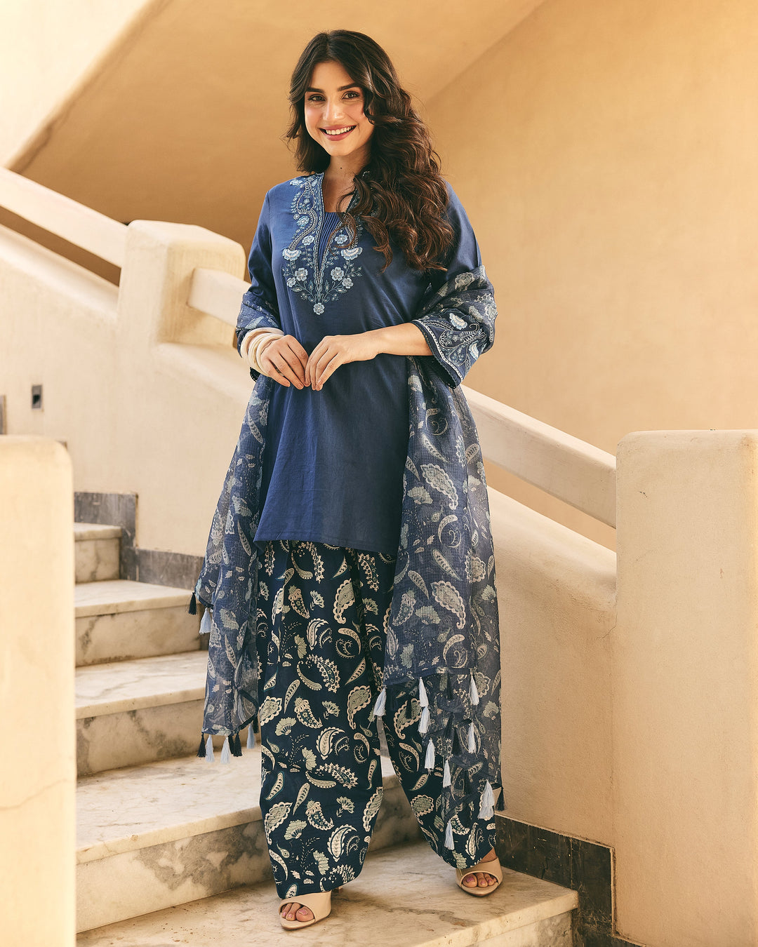 Nella Blue Cotton Printed Farsi Salwar Set