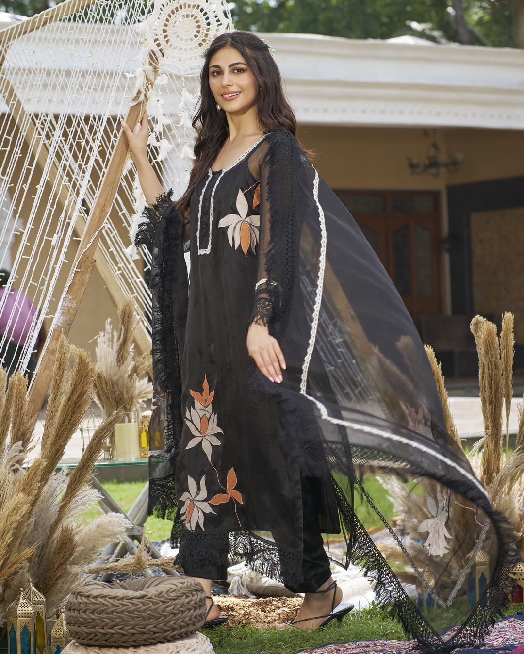 Vrutti Black Applique Organza Kurta Set