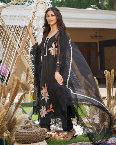Vrutti Black Applique Organza Kurta Set