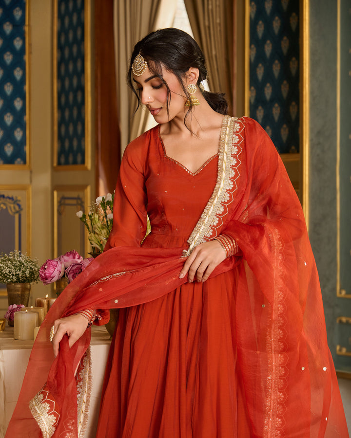 Deepashri Orange Embroidered Chanderi Suit Set