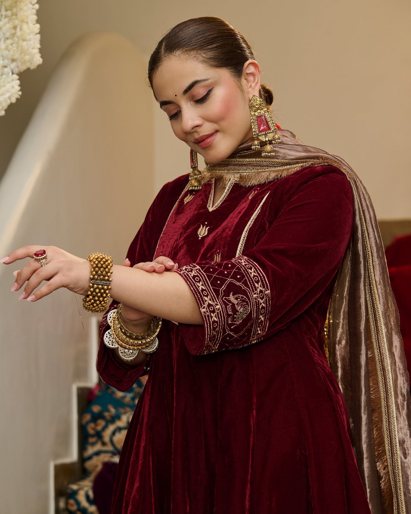 Ivaan Maroon Embroidered Velvet Suit Set