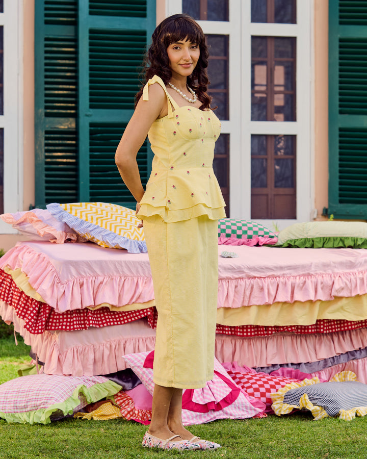 Roisin Yellow Embroidered Cotton Checks Dress
