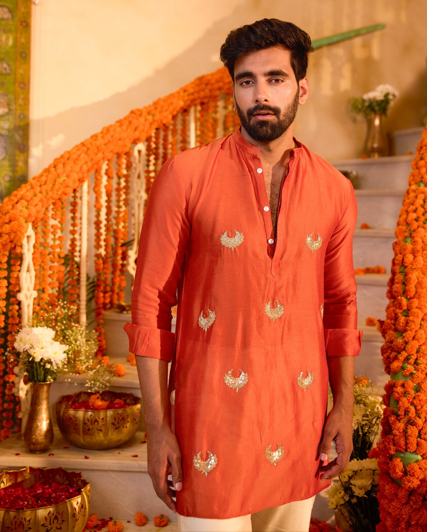 Ratnav Orange Embroidered Chanderi Kurta