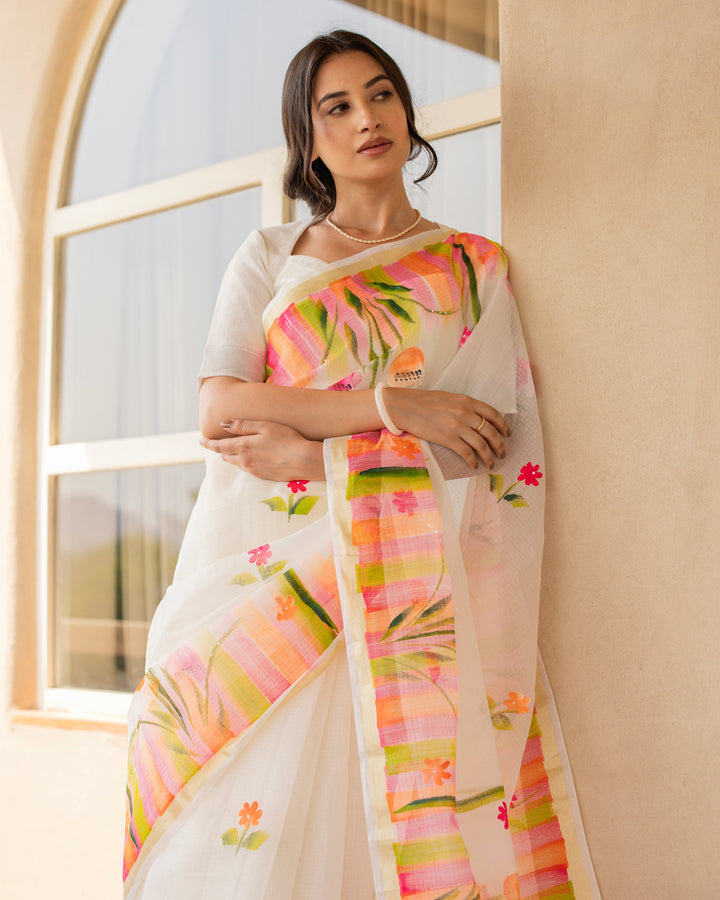 Zarmina White Doria Handpainted Saree