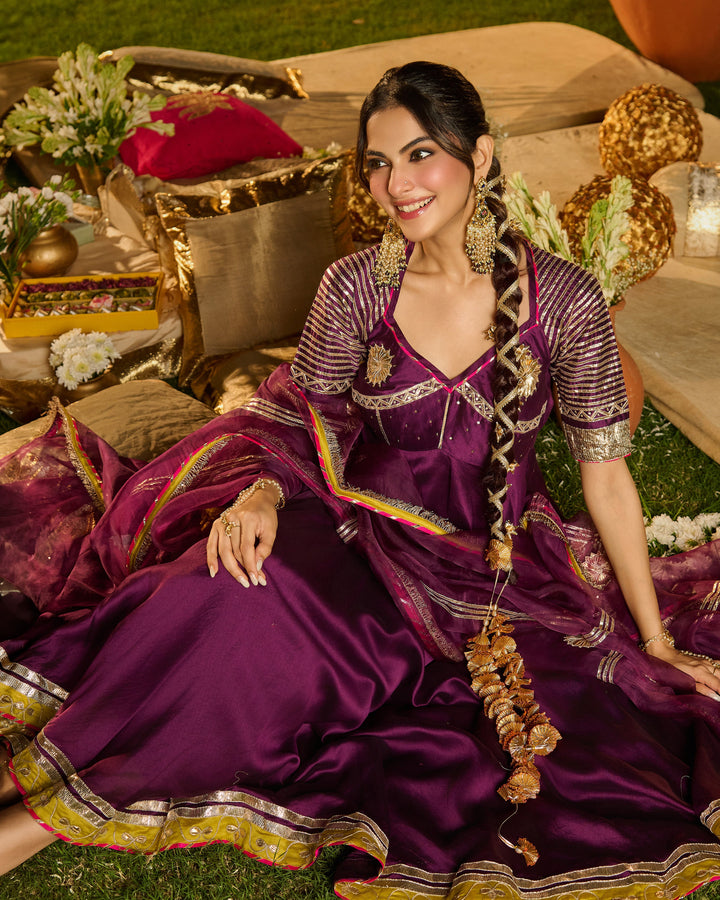 Pravya Purple Embroidered Chanderi Suit Set