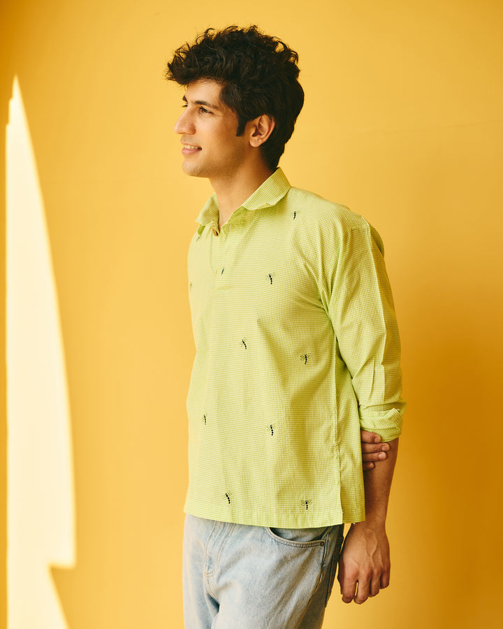 Zian Green Embroidered Cotton Checks Printed Shirt