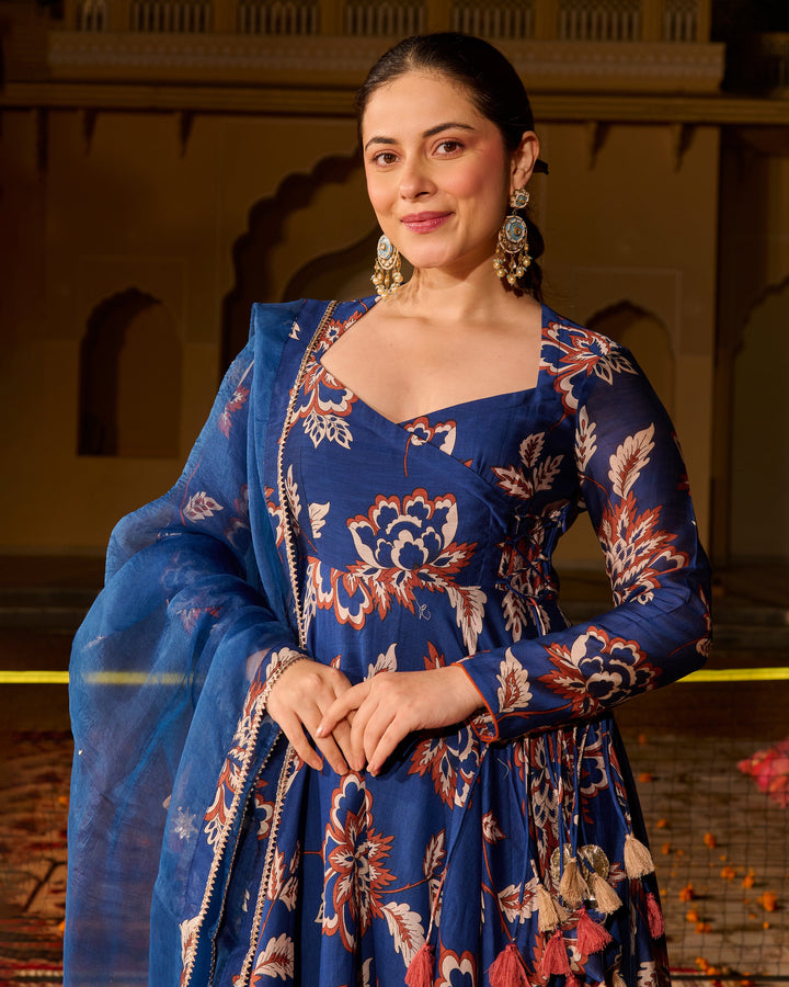 Saba Blue Printed Chanderi Suit Set