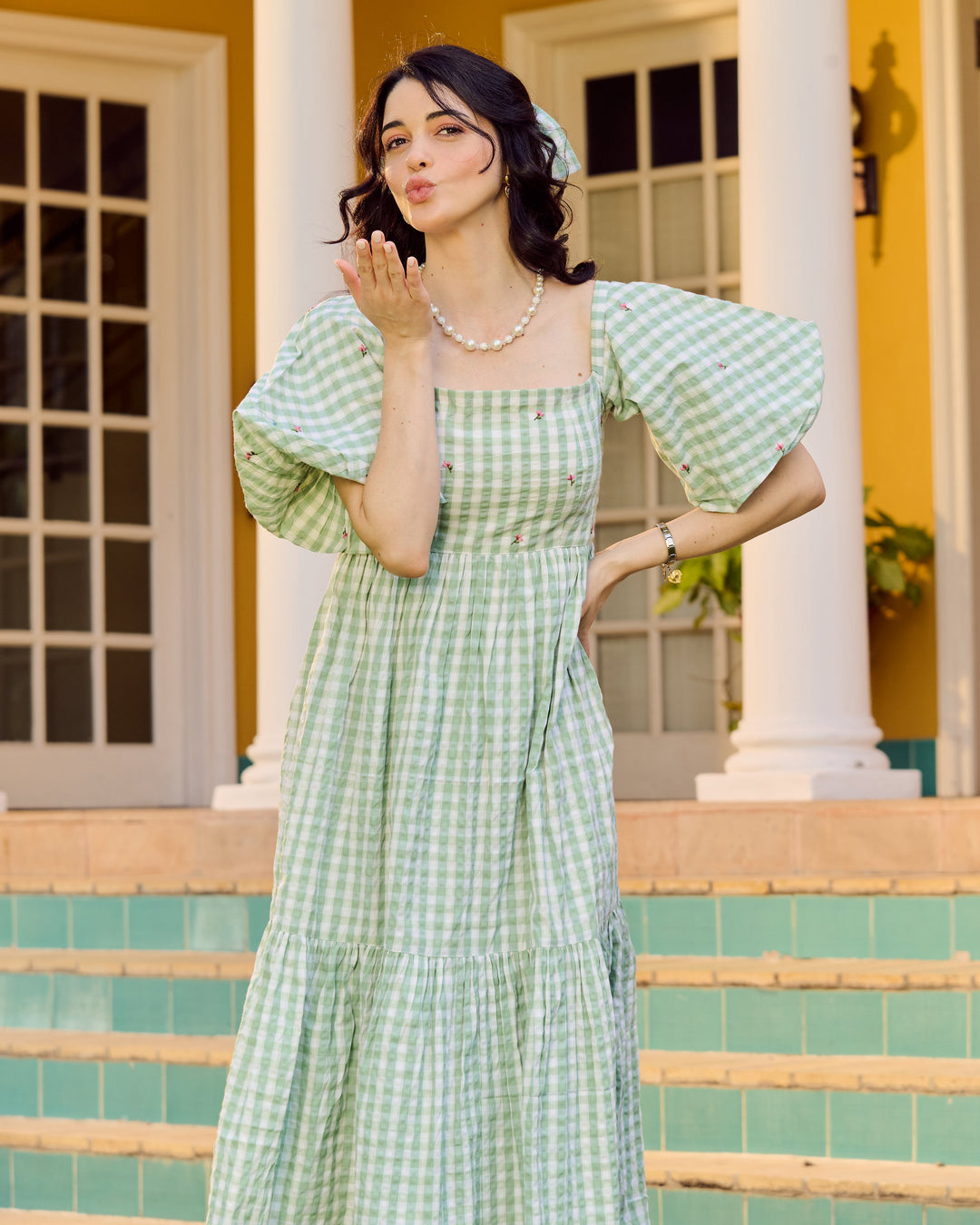 Eilish Green Embroidered Cotton Checks Dress