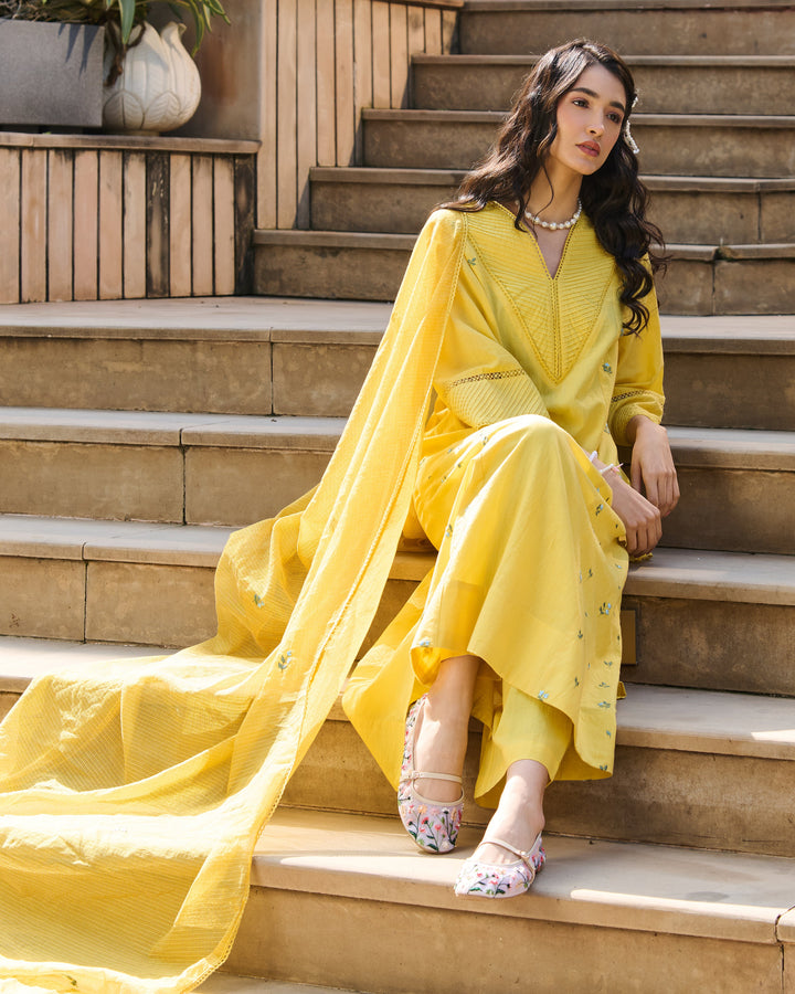 Serein Yellow Embroidered Cotton Suit Set