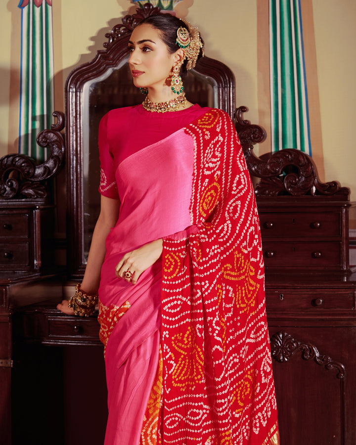 Sugandh Pink Kajol Bandhej Silk Saree