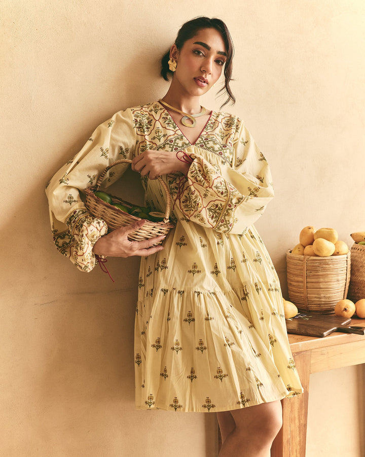 Esha Yellow Cotton Printed Dress
