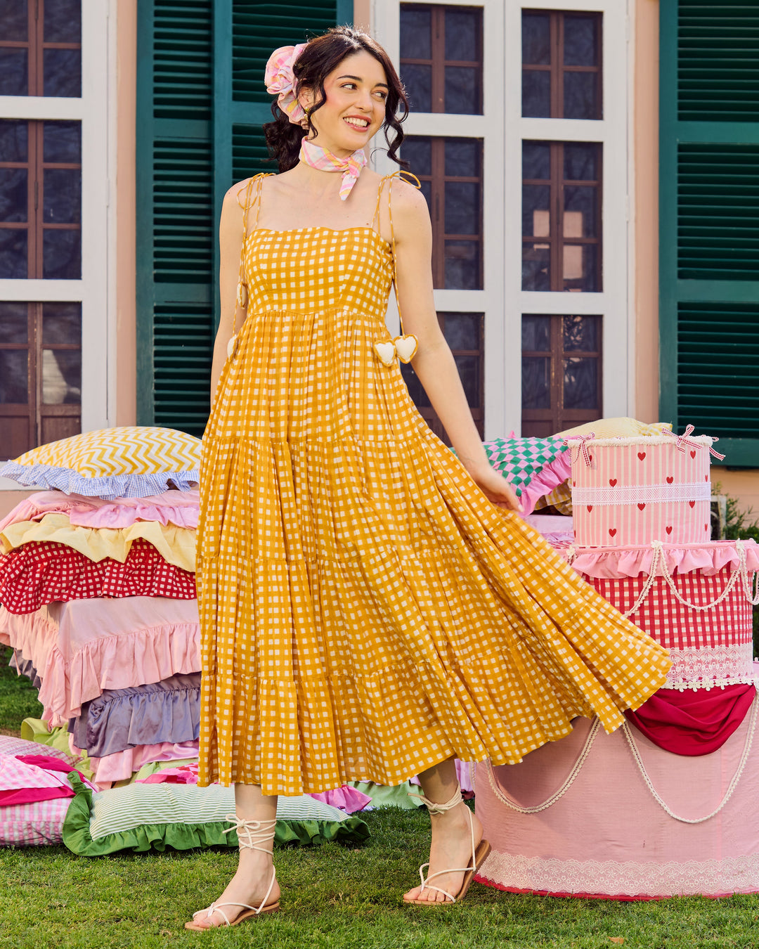 Ulfat Mustard Cotton Checks Printed Dress