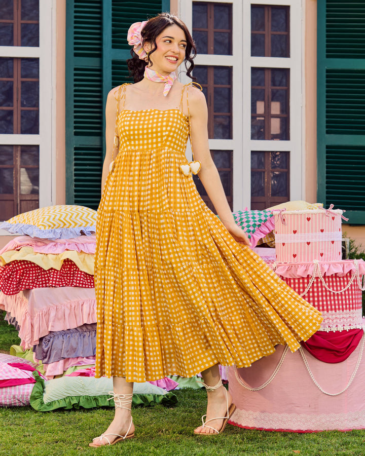 Ulfat Mustard Cotton Checks Printed Dress