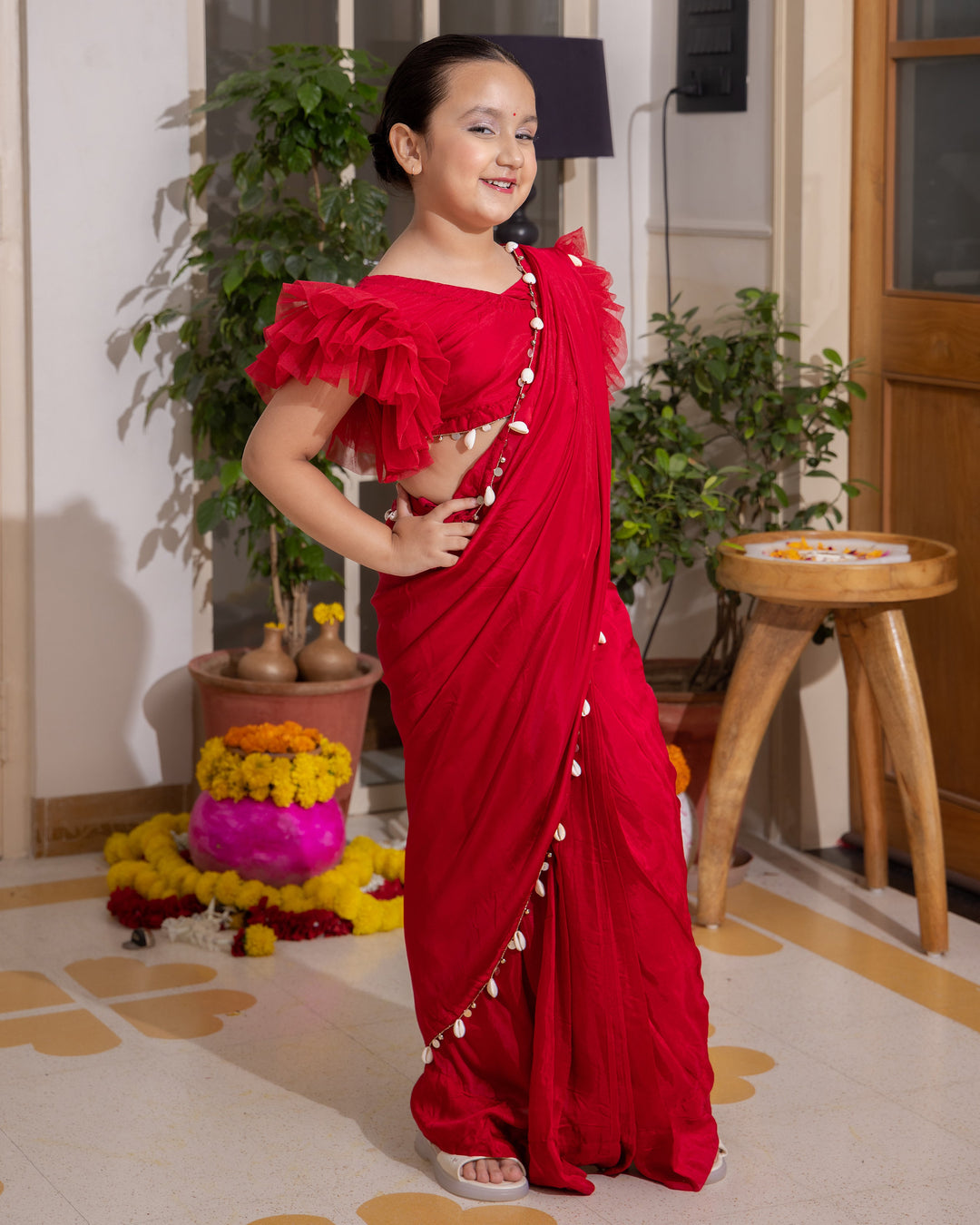 Roop Red Solid Crepe Pre Draped Saree