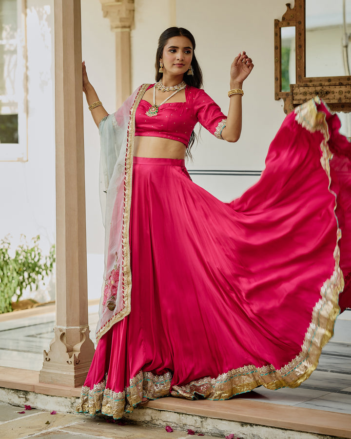 Kalvani Pink Handpainted Satin Lehenga Set