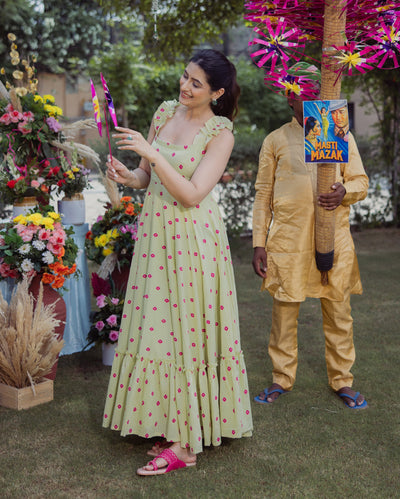 Neerja Green Bandhani Cotton Dress