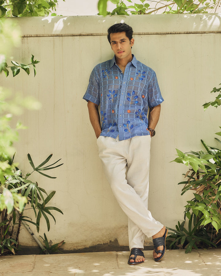 Samay Blue Cotton Dobby Handpainted Shirt