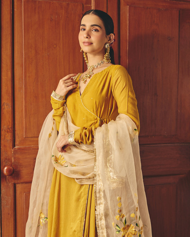 Alekya Mustard Handpainted Cotton Checks Suit Set