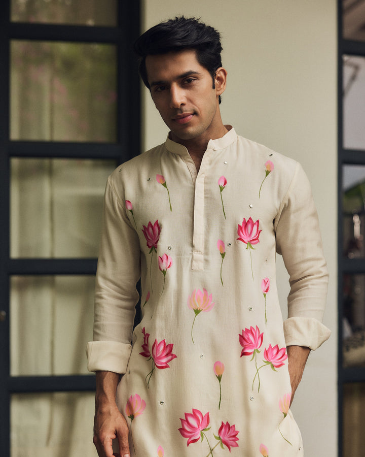 Zavian Off White Handpainted Checks Kurta