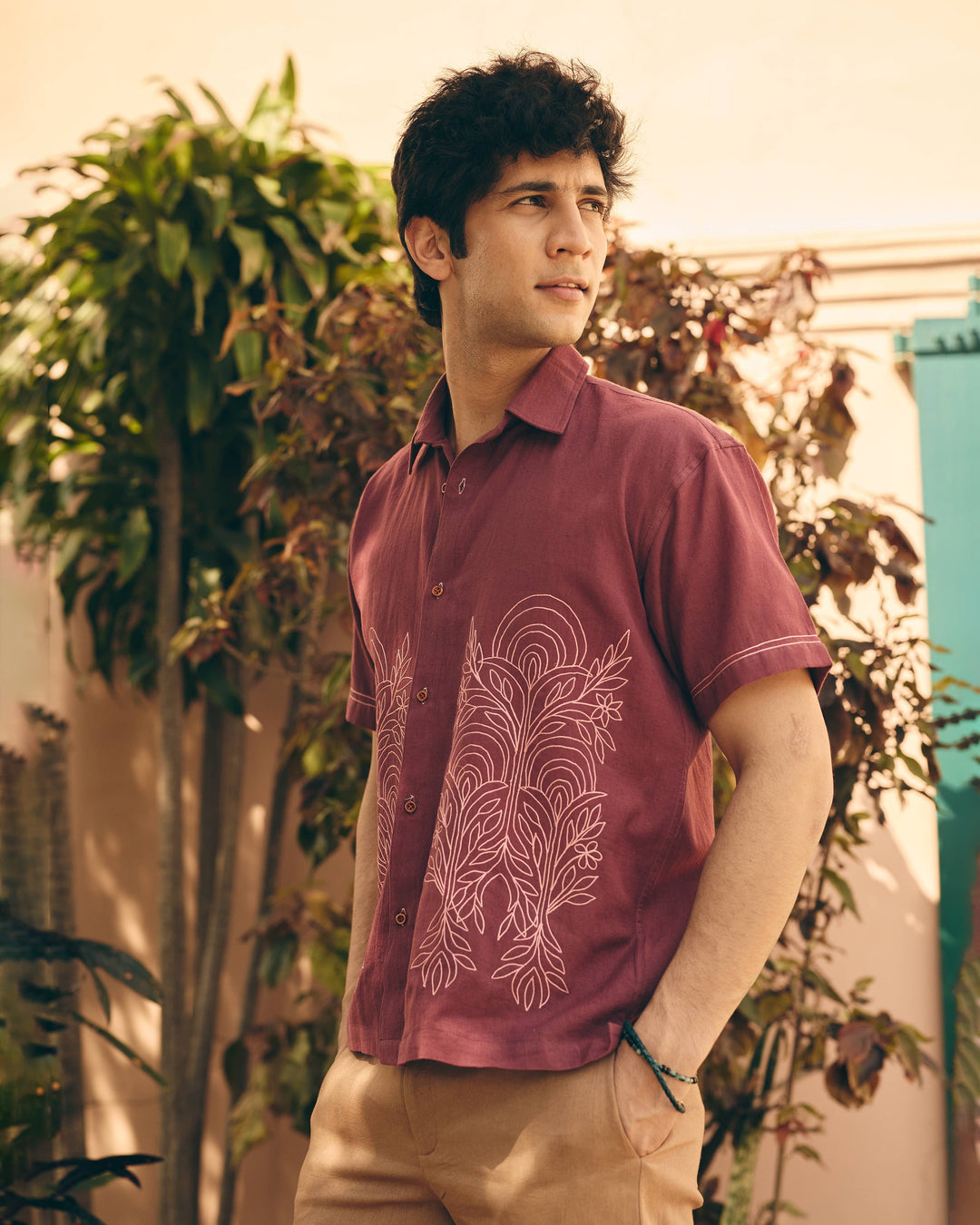 Zuno Plum Cotton Flex Embroidered Shirt