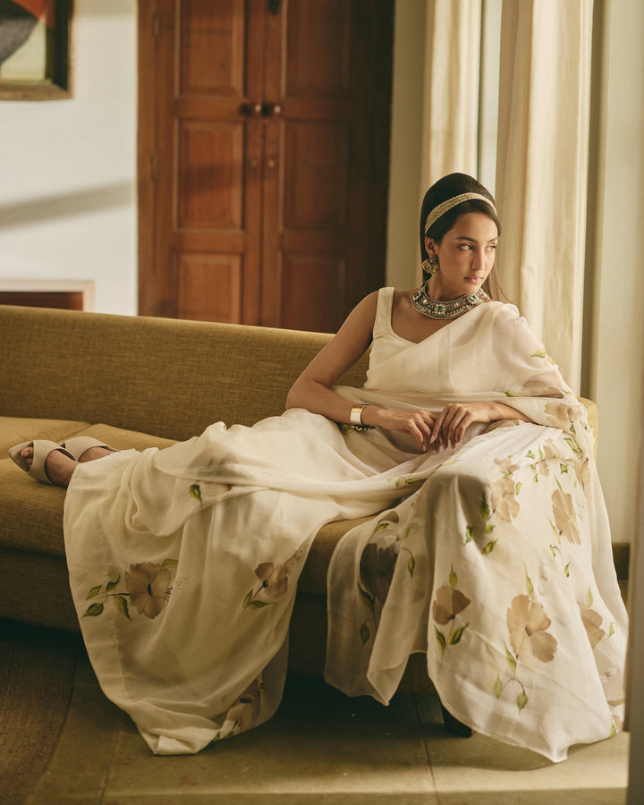 Trail Off White Handpainted Chiffon Saree