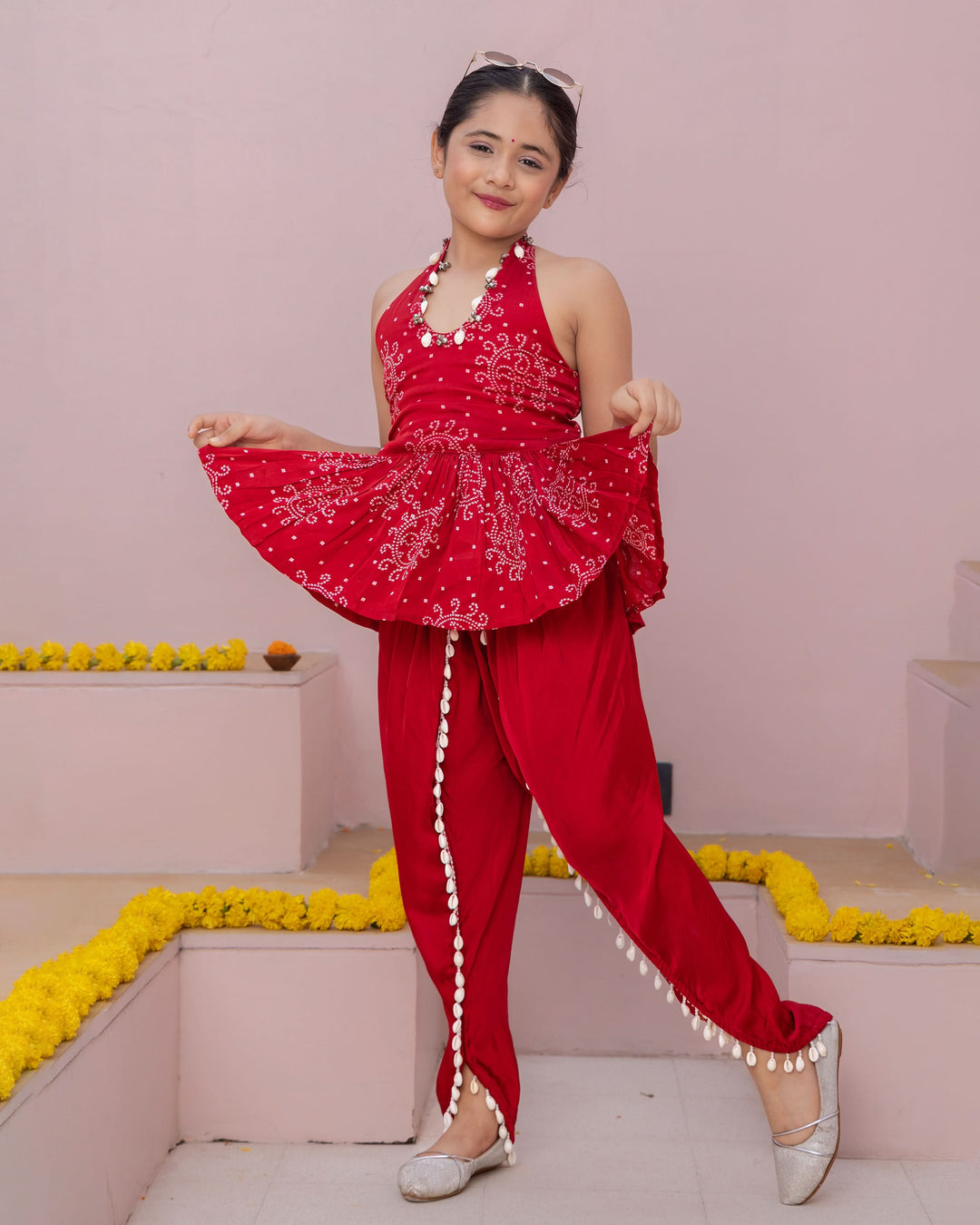 Mrunal Red Bandhani Satin Coord Set