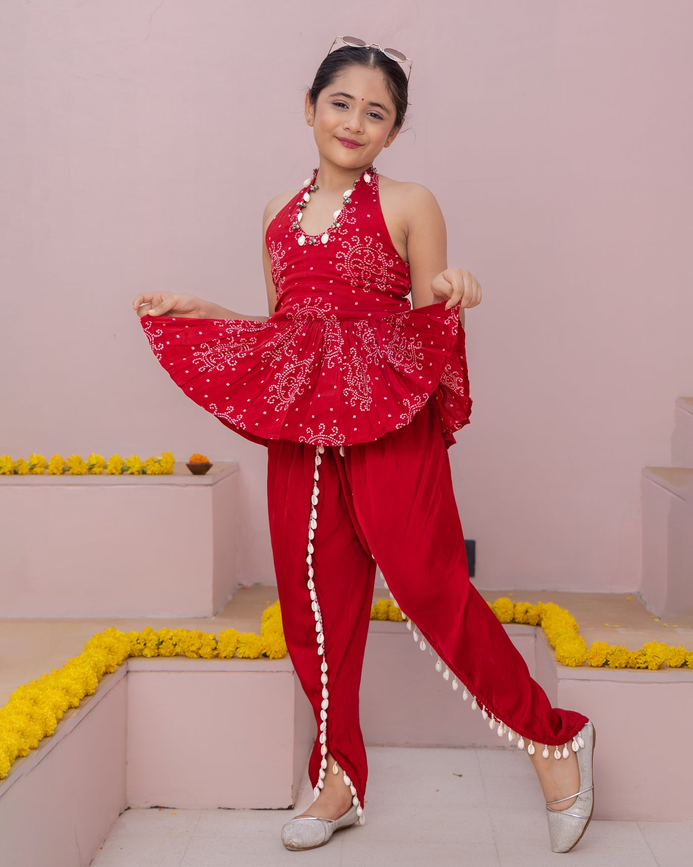Mrunal Red Bandhani Satin Coord Set
