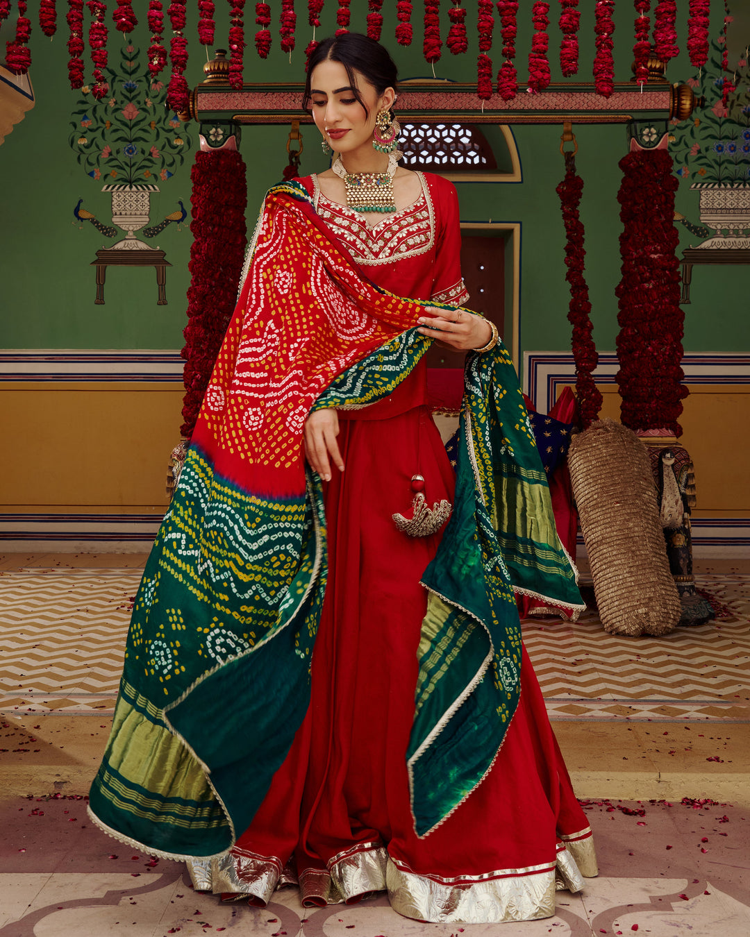 Anuroop Red Embroidered Chanderi Lehenga Set