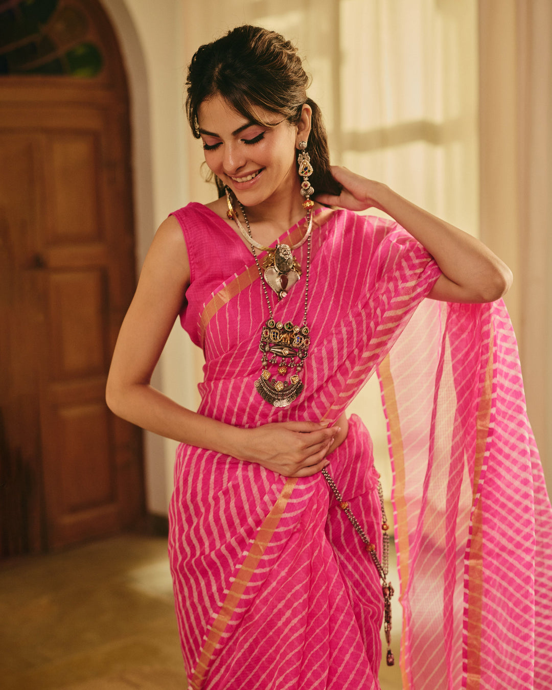 Fiesta Pink Doria Leheriya Saree