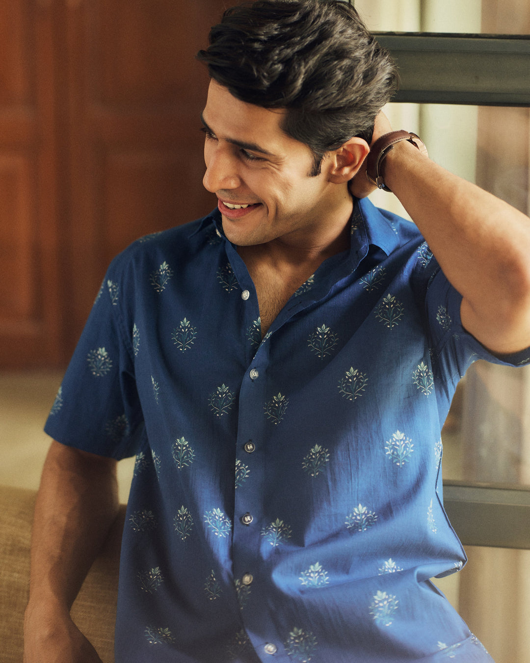 Gulrez Navy Blue Printed Cotton Shirt