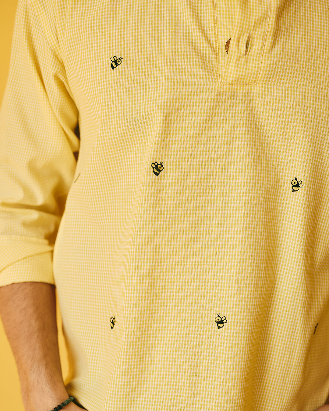 Teyo Yellow Embroidered Cotton Checks Printed Shirt