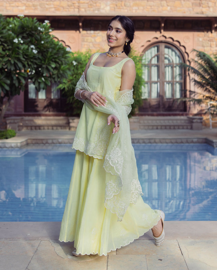 Nazakat Yellow Embroidered Cotton Sharara Set