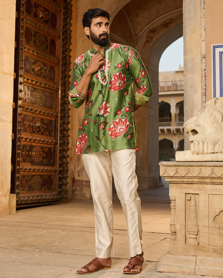 Ishaan Olive Printed Chanderi Kurta