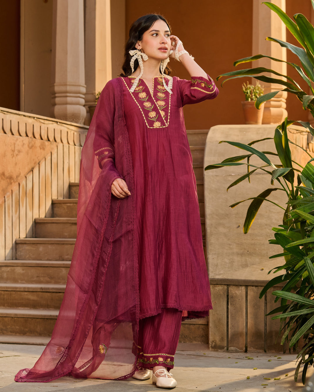 Jugal Wine Embroidered Chanderi Suit Set