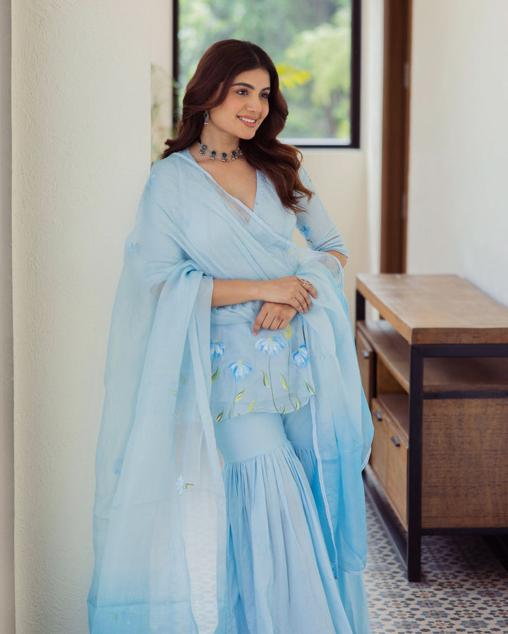 Vivid Blue Handpainted Doria Sharara Set