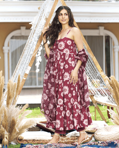 Prisha Brown Printed Cotton Suit Set