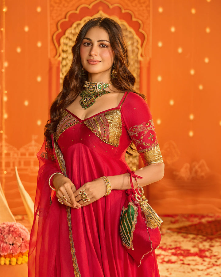 Kamalnayani Pink Embroidered Chanderi Aangi Suit Set