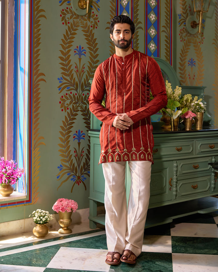Kaushik Rust Orange Silk Embroidered Kurta