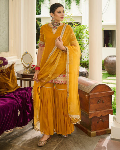 Kavi Yellow Embroidered Velvet Sharara Set