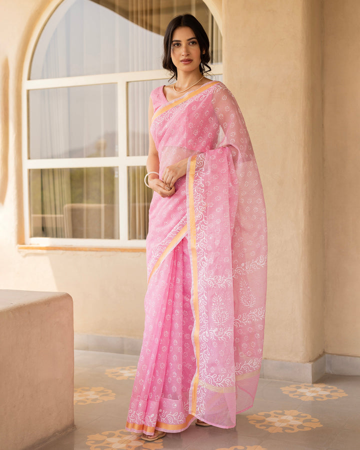 Saanvi Baby Pink Doria Printed Saree