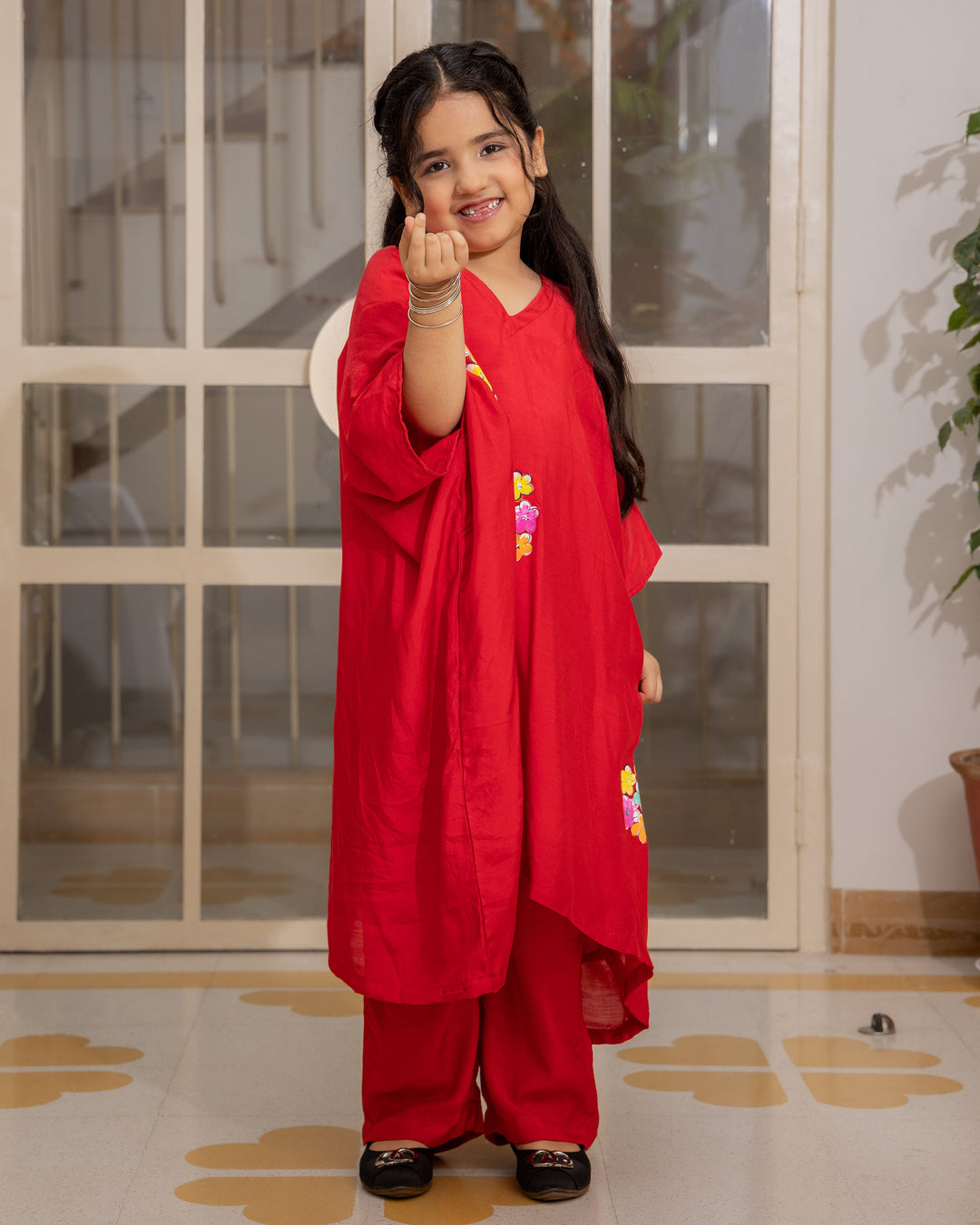 Adora Red Handpainted Muslin Coord Set