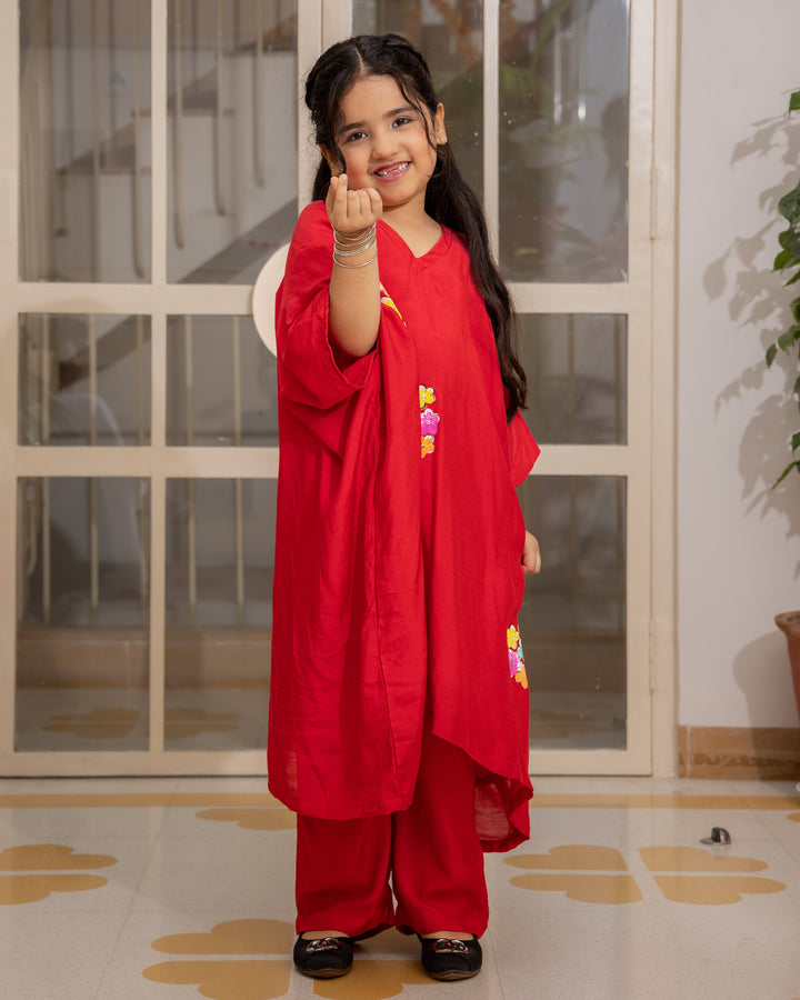 Adora Red Handpainted Muslin Coord Set