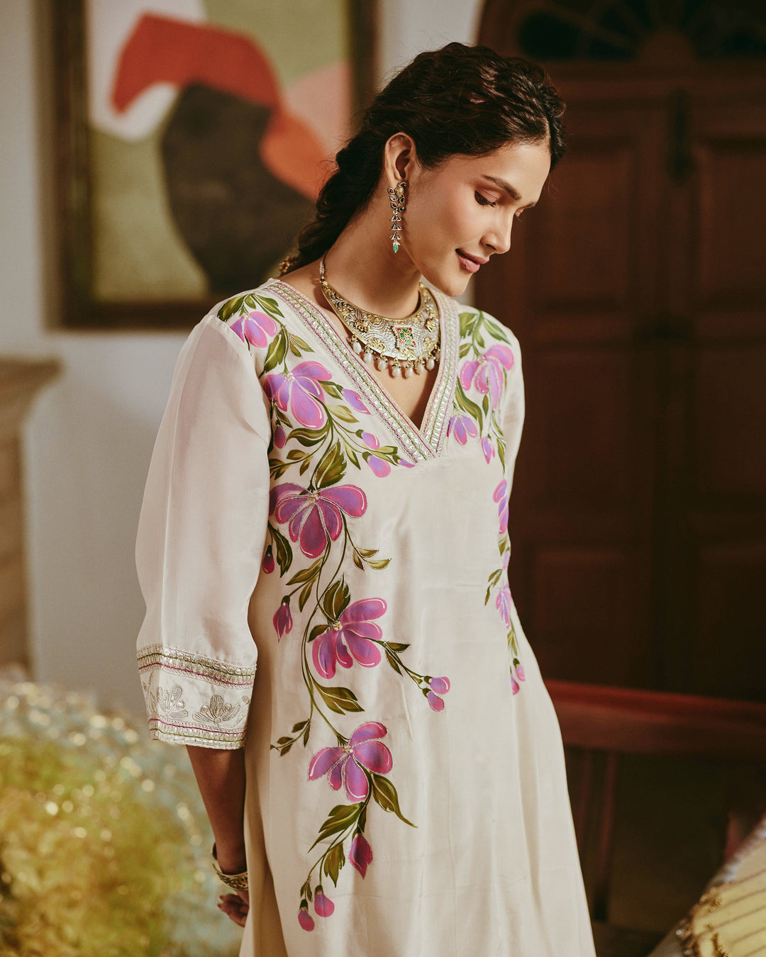 Vamikaa Ivory Handpainted Viscose Organza Coord Set