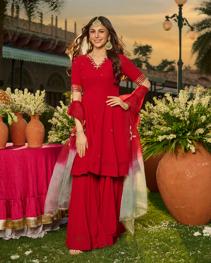 Laxmi Red Embroidered Georgette Suit Set