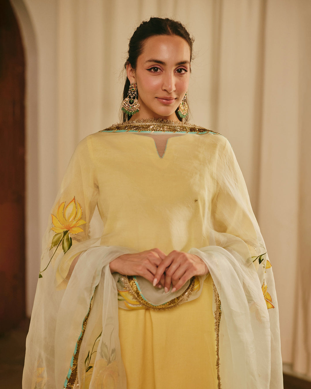 Vara Yellow Handpainted Cotton Suit Set