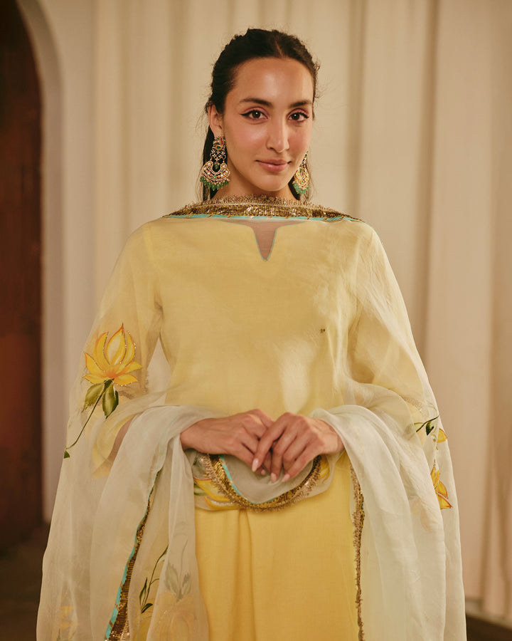 Vara Yellow Handpainted Cotton Suit Set