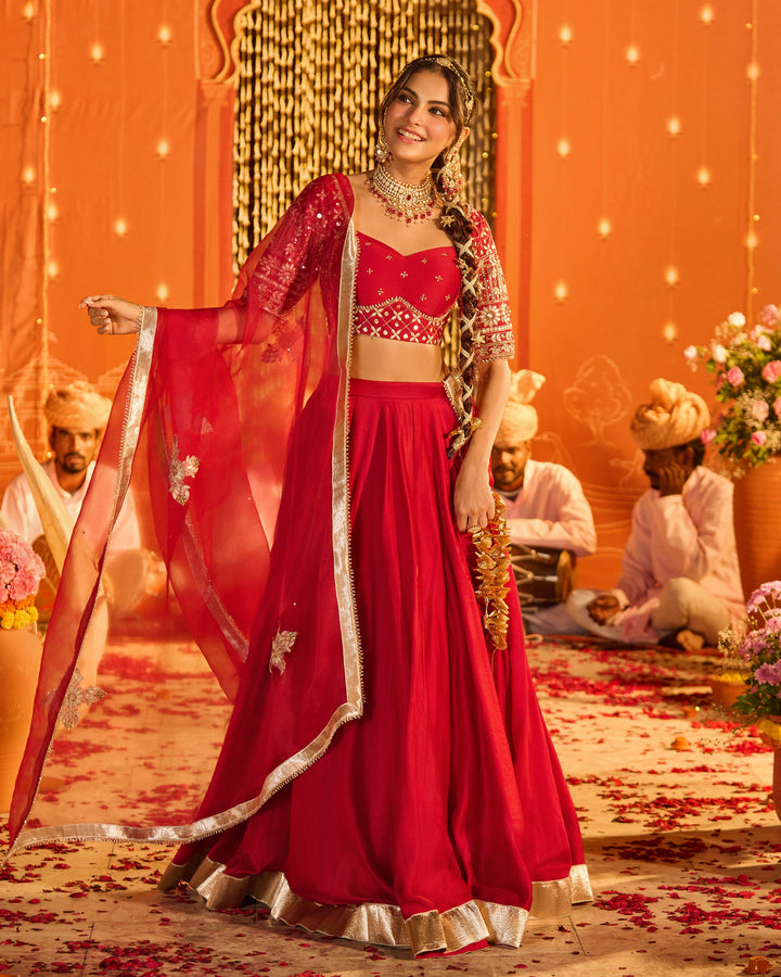 Tejvya Magenta Embroidered Chanderi Lehenga Set